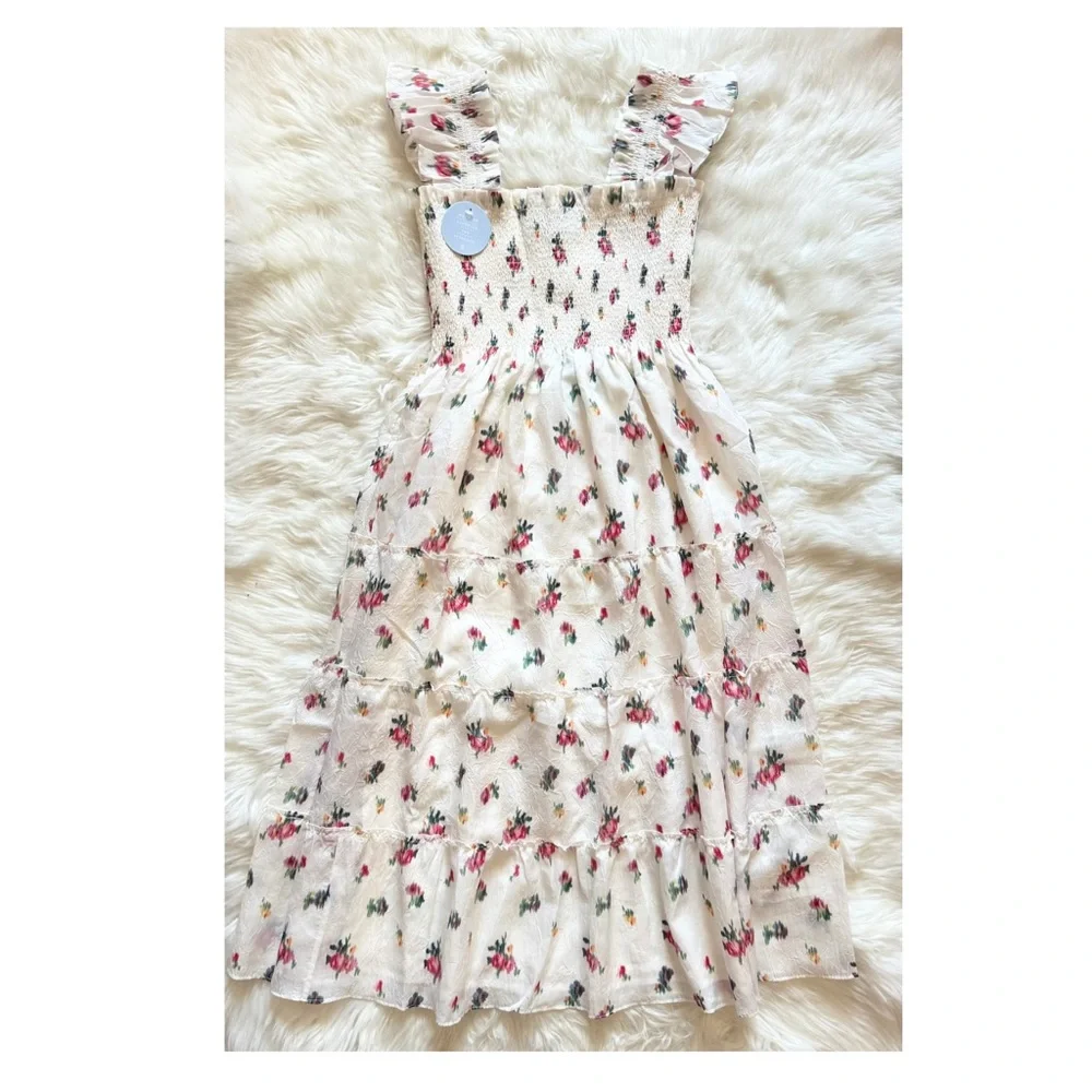 New! HILL HOUSE Ellie Floral Midi Nap Dress in Ivory Crushed Taffeta Ikat - Picture 7 of 15